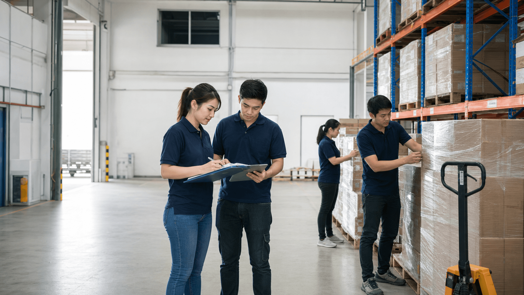 Freight operations team reviewing cargo paperwork inside a warehouse