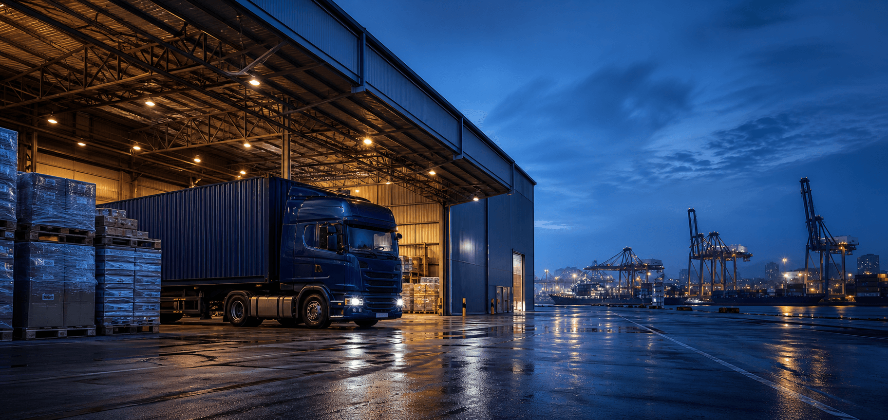 Freight truck and warehouse loading area beside the port at blue hour
