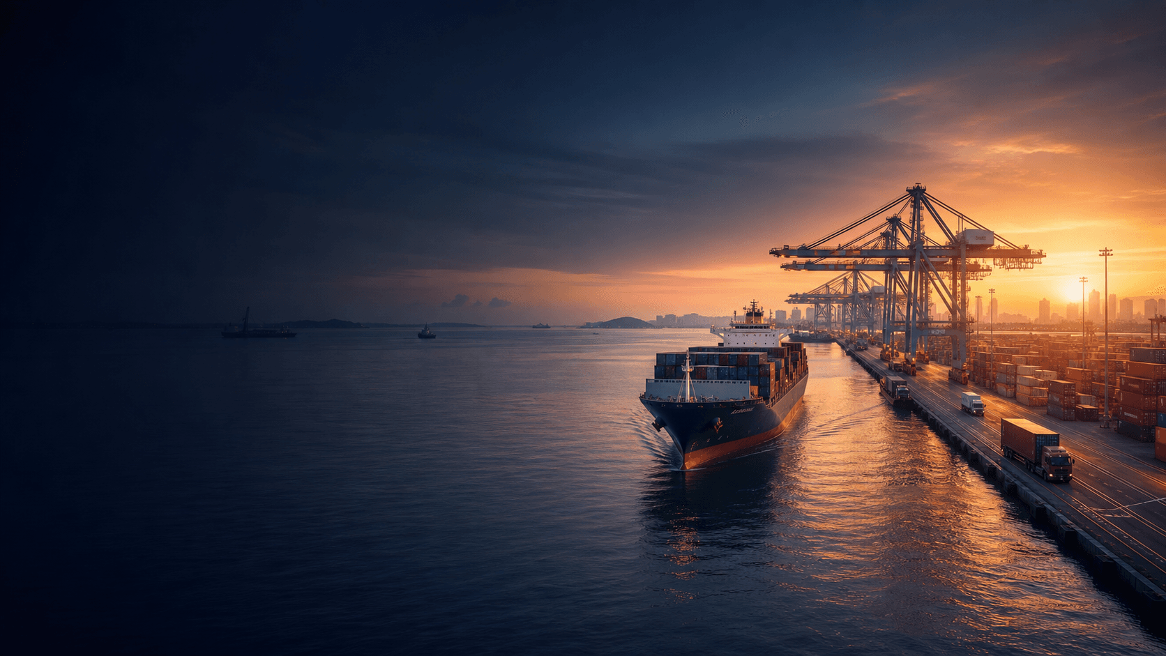 Container vessel approaching an active regional port at dusk
