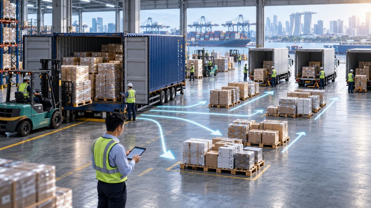 Cross-docking floor where pallets unloaded from an inbound container are sorted straight onto outbound trucks