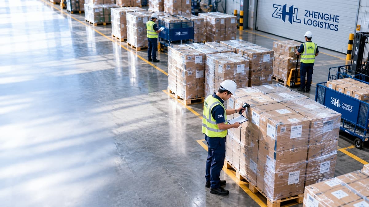 Warehouse staff checking cartons on pallets before an outbound shipment