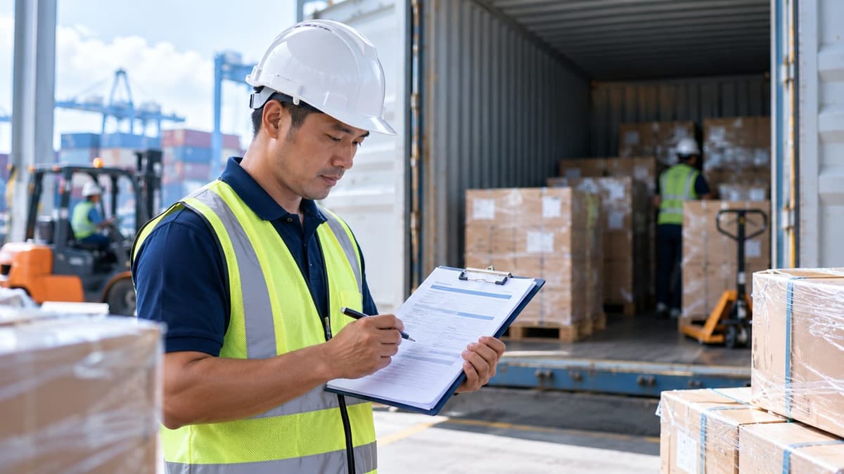 A logistics staff member in a hard hat reviewing paperwork on a clipboard beside a container being loaded