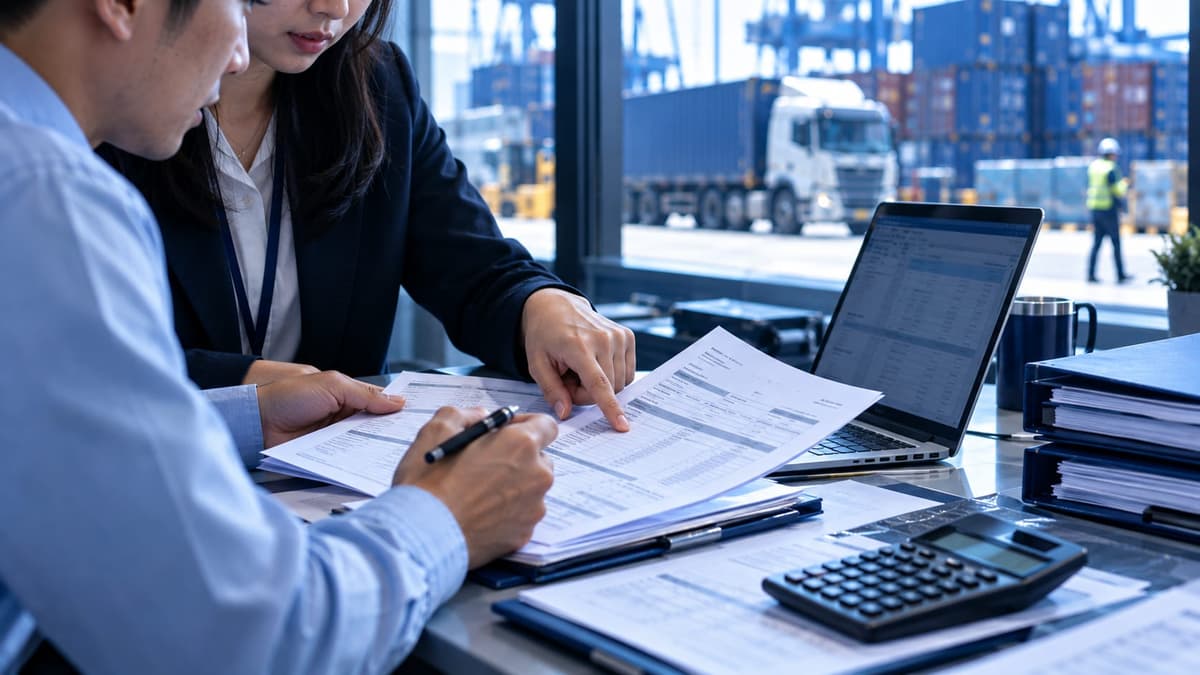 Two colleagues cross-checking shipment documents line by line at a desk overlooking a container terminal