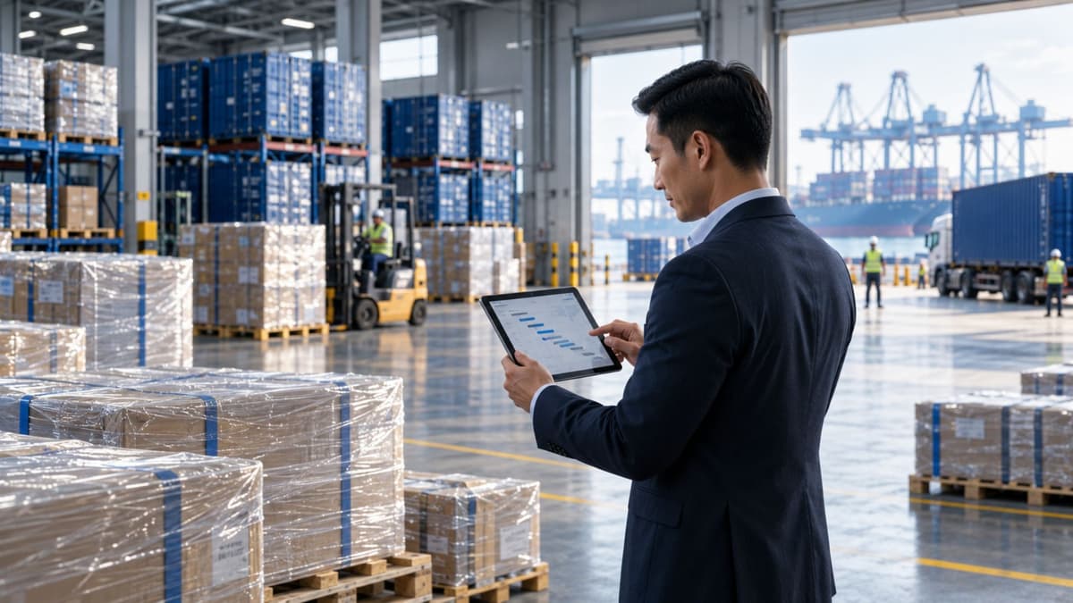 A logistics manager checking stock on a tablet inside a warehouse of shrink-wrapped pallets, with port cranes visible through the loading bay