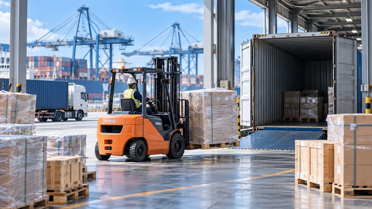 A forklift carrying a pallet of wrapped cartons towards an open container at a loading dock beside the port