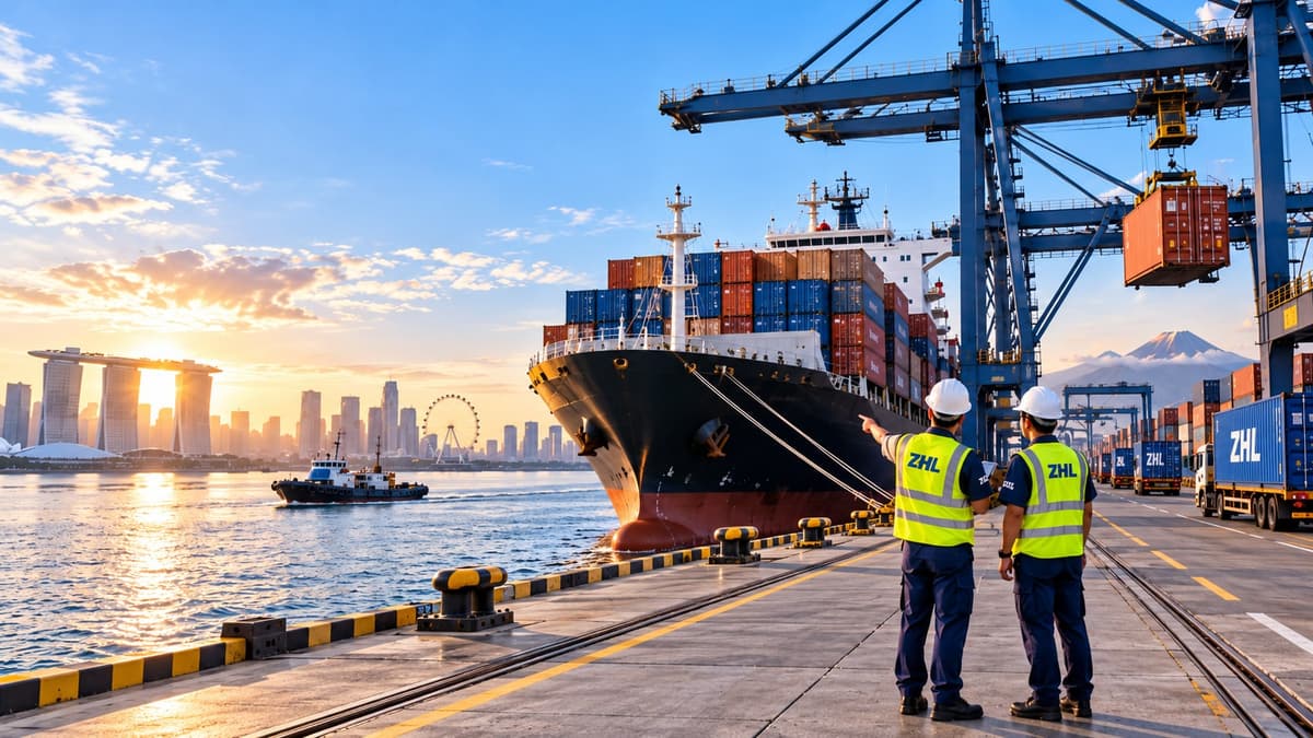 Two Zhenghe Logistics staff watching a container vessel load at a Singapore terminal at sunset