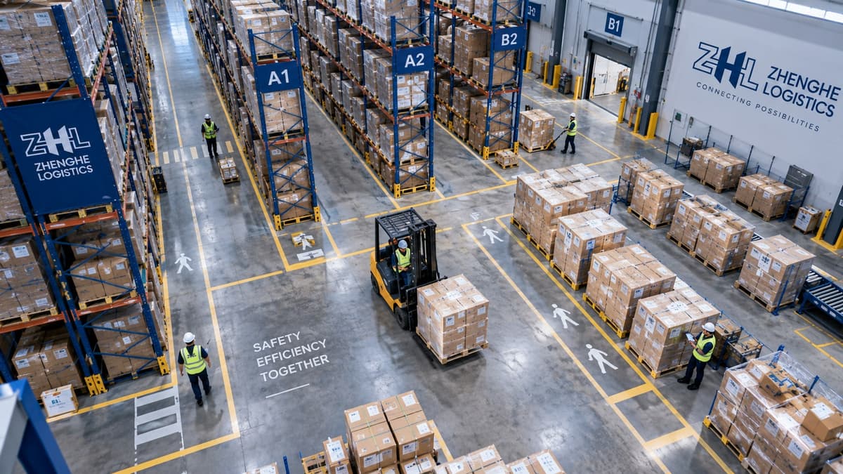 Overhead view of a Zhenghe Logistics warehouse floor with racking, forklifts and palletised cartons