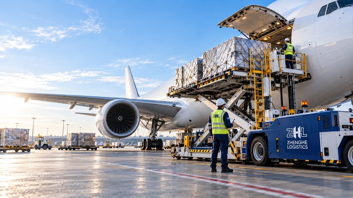 Palletised cargo being loaded into the nose of a freighter aircraft by a Zhenghe Logistics loader