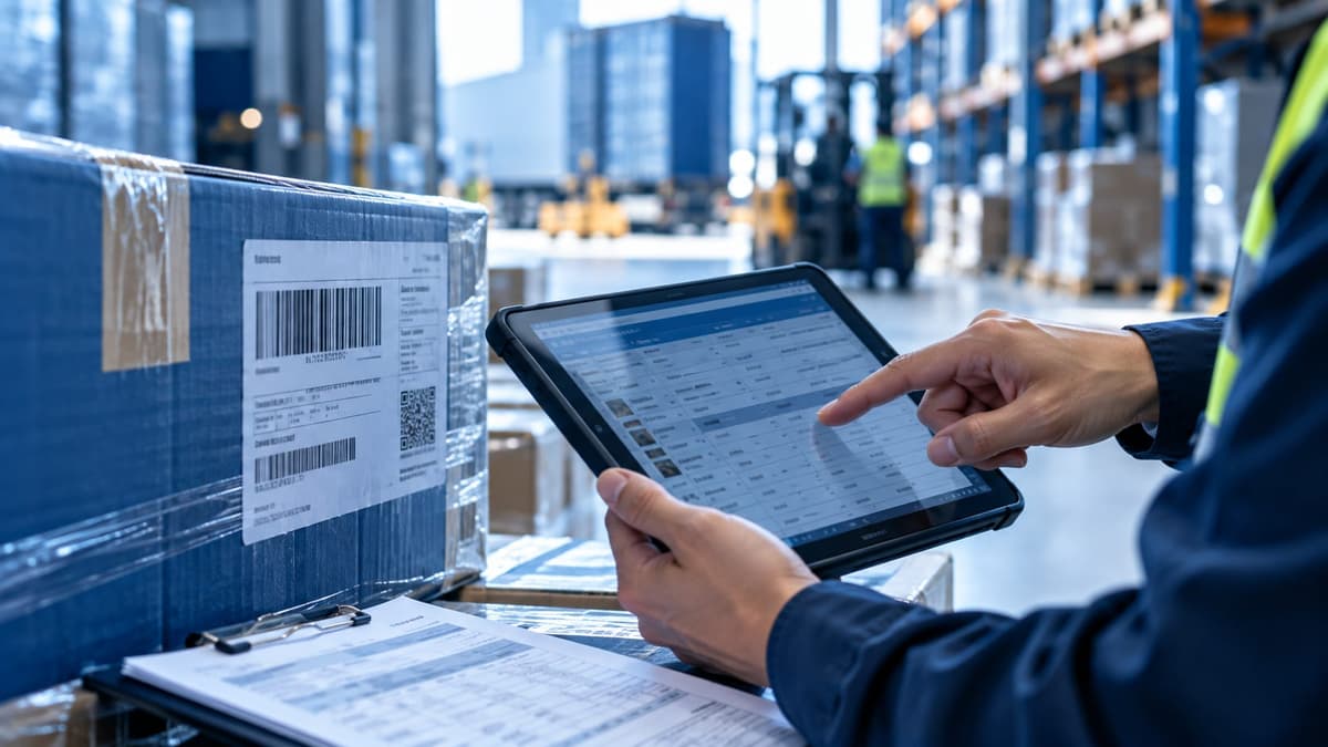 A warehouse worker checking a labelled, shrink-wrapped carton against shipment details on a tablet