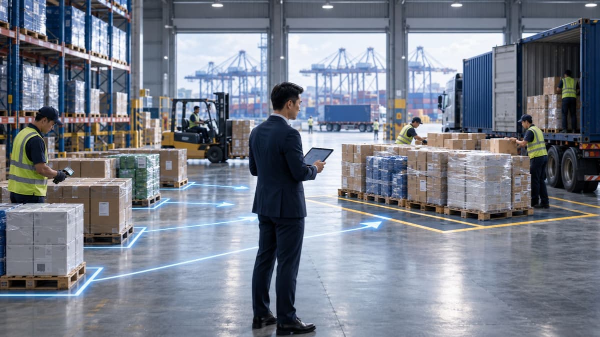 Warehouse staff receiving cartons from a container truck at the loading bay while a manager tracks cargo flow on a tablet