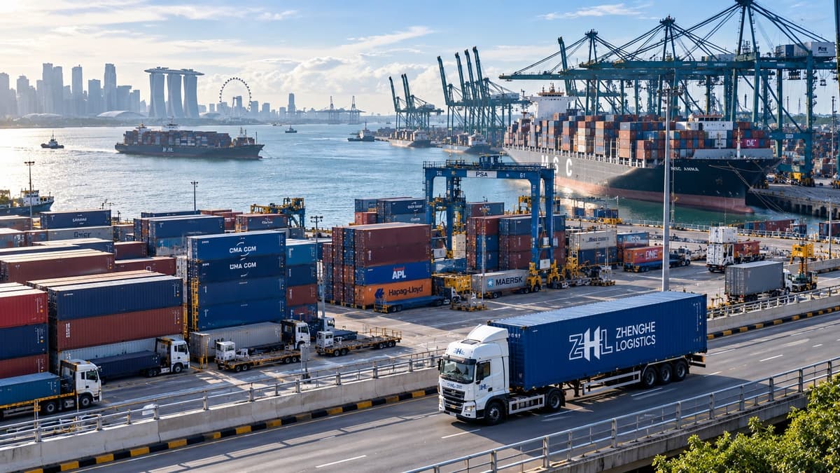 A Zhenghe Logistics container truck leaving a Singapore port terminal with gantry cranes and the city skyline behind