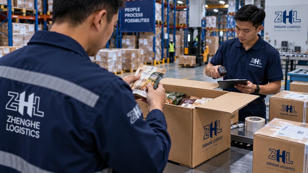 Zhenghe Logistics staff checking packaged food products and scanning cartons before dispatch