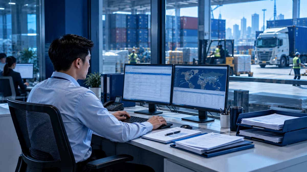 A declarant at dual monitors working on trade declarations, with forklifts and a container truck visible through the window