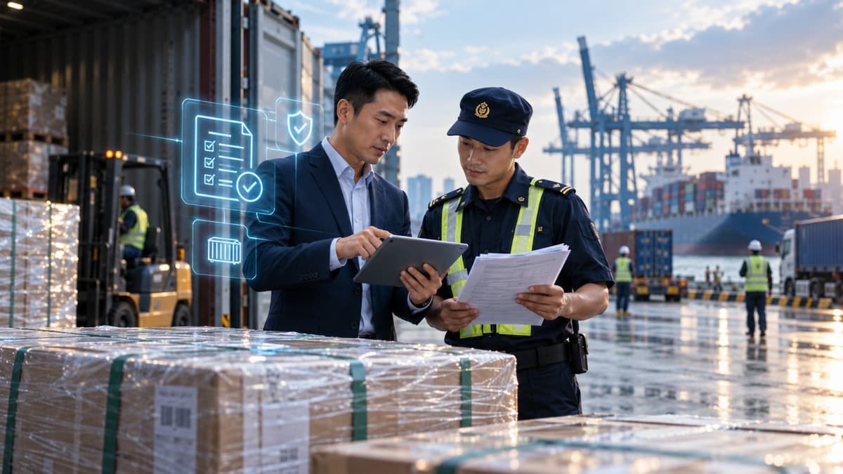 A logistics coordinator and an officer reviewing cargo documents beside wrapped pallets at the port
