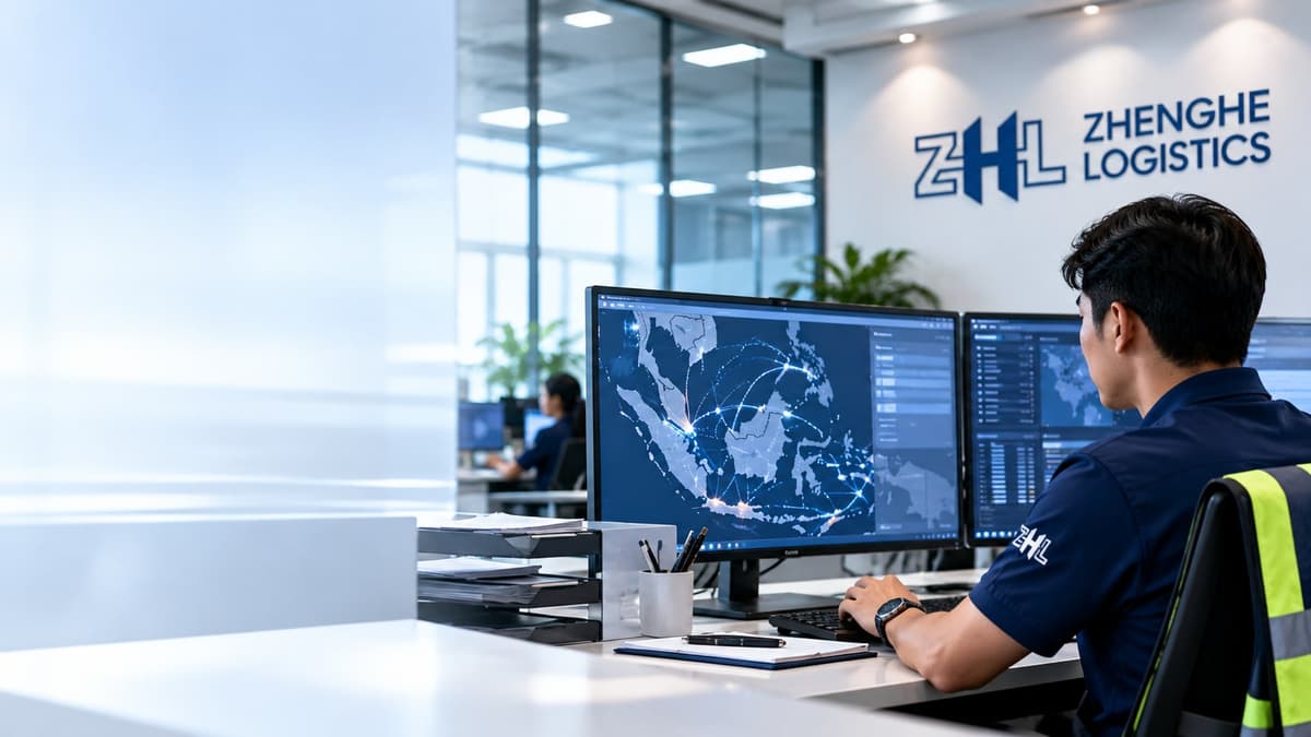 A Zhenghe Logistics operations coordinator reviewing Singapore–Indonesia routes on a map screen