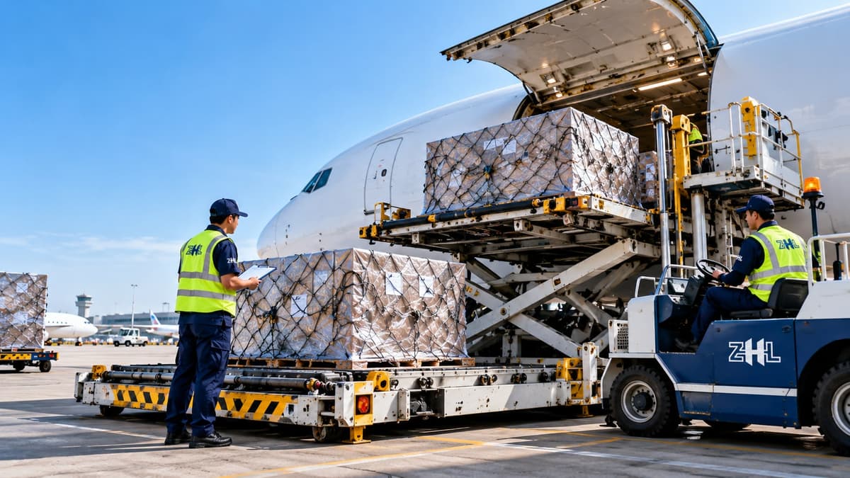 Ground crew loading a netted air cargo pallet onto a freighter from a Zhenghe Logistics loader