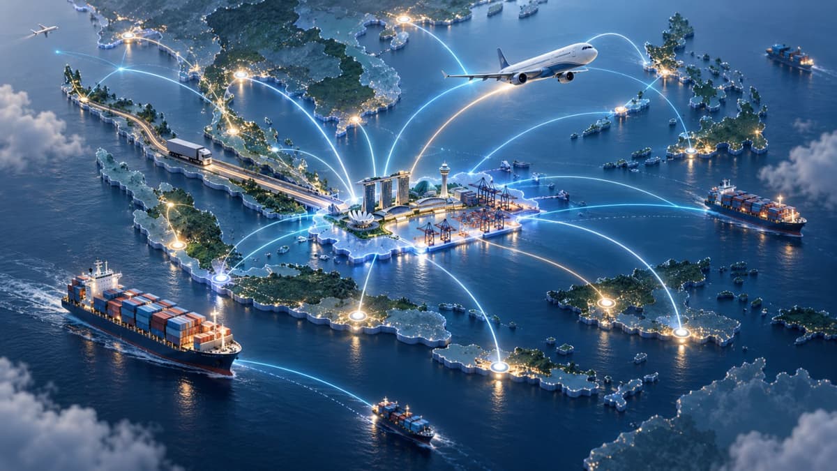 Illustrated map of Southeast Asia with sea, air and road freight routes radiating from Singapore