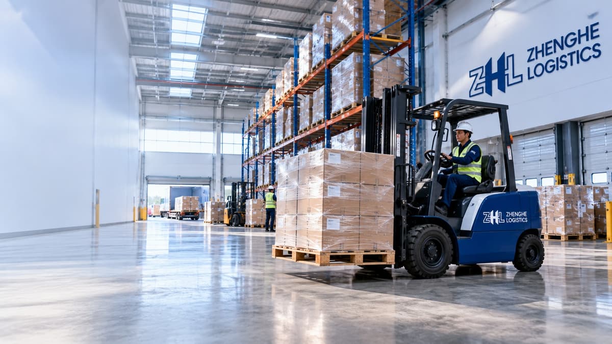 A forklift moving palletised cargo inside the Zhenghe Logistics warehouse