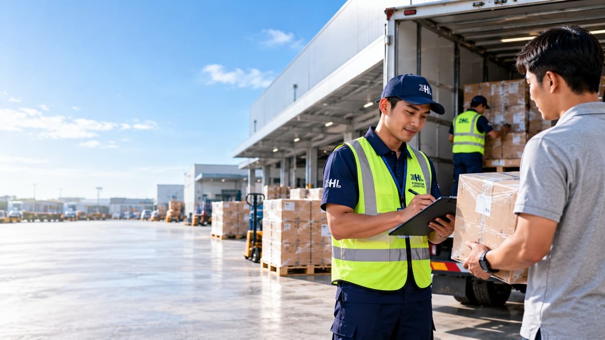 A Zhenghe Logistics driver completing a delivery handover with the consignee at a loading bay