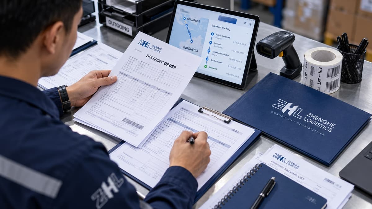 A coordinator preparing a delivery order and packing list, with shipment tracking from Singapore to Indonesia on a tablet