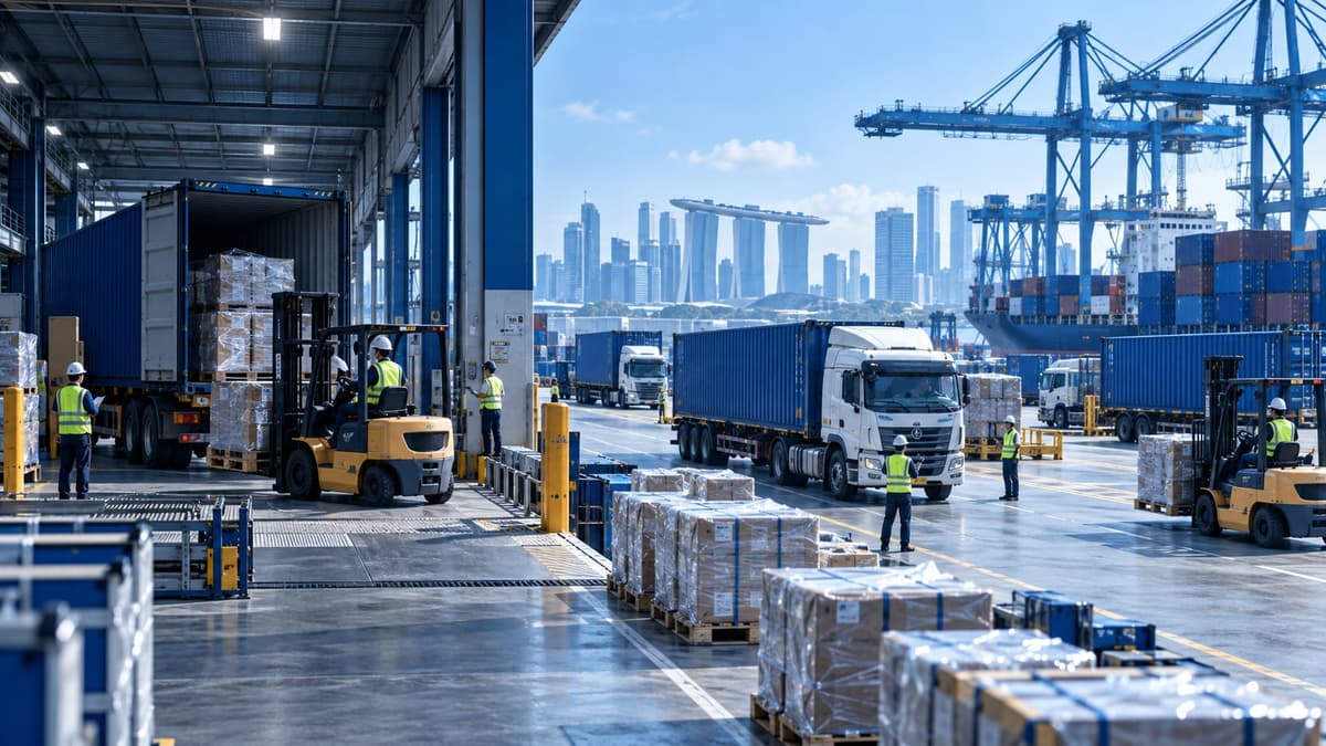 Forklifts loading palletised cargo into containers at a Singapore logistics hub with gantry cranes and Marina Bay Sands behind