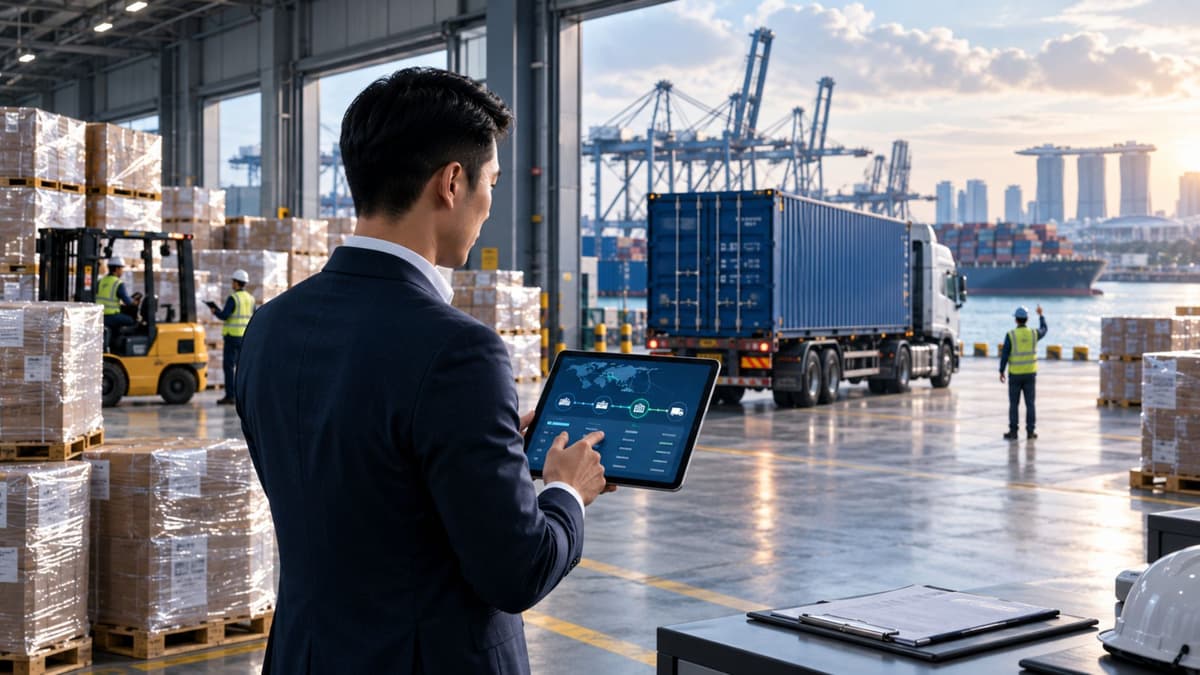 A warehouse manager reviewing inventory on a tablet beside pallets as a container truck waits at the dock