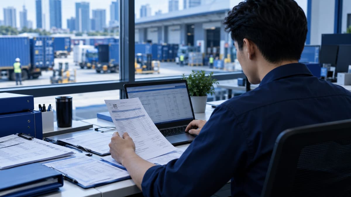 A freight coordinator reading a customs permit printout at a laptop with a truck yard visible through the window