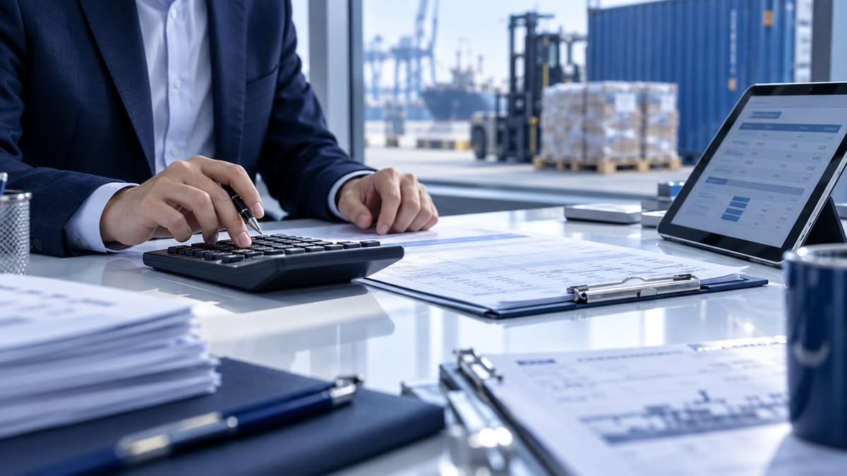 A finance officer calculating import GST and duties with a calculator and invoice, with a forklift and container behind