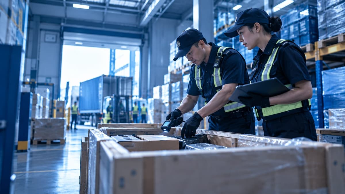 Two inspection officers in high-visibility vests examining goods inside an open wooden crate in a warehouse