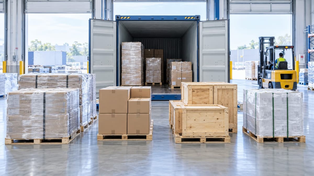 Palletised cartons and wooden crates staged in a warehouse in front of an open container, with a forklift working nearby