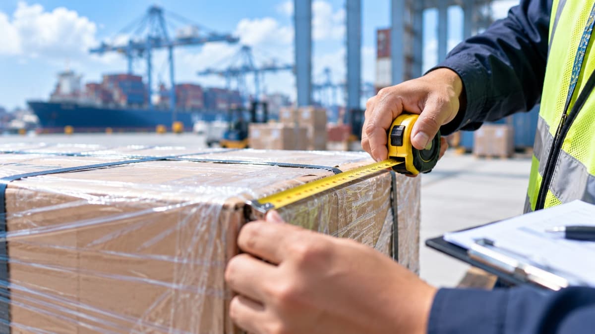 A worker measuring a wrapped carton with a tape measure to record its cargo dimensions