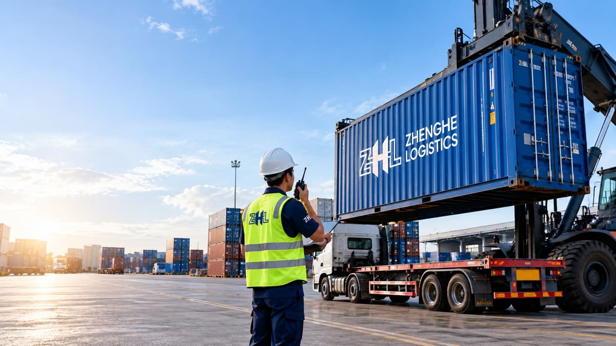 A Zhenghe Logistics container being lifted onto a trailer by a reach stacker at the port
