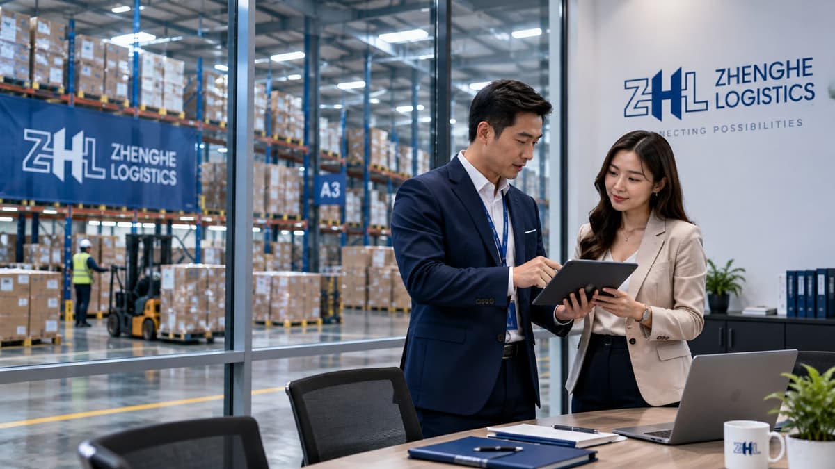 Two Zhenghe Logistics staff reviewing shipment details on a tablet in an office overlooking the warehouse