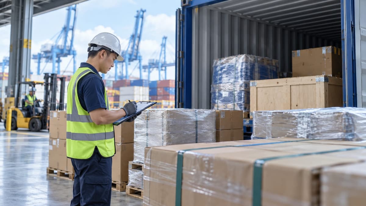 A warehouse worker in a hi-vis vest checking cargo on a tablet beside pallets being loaded into a container