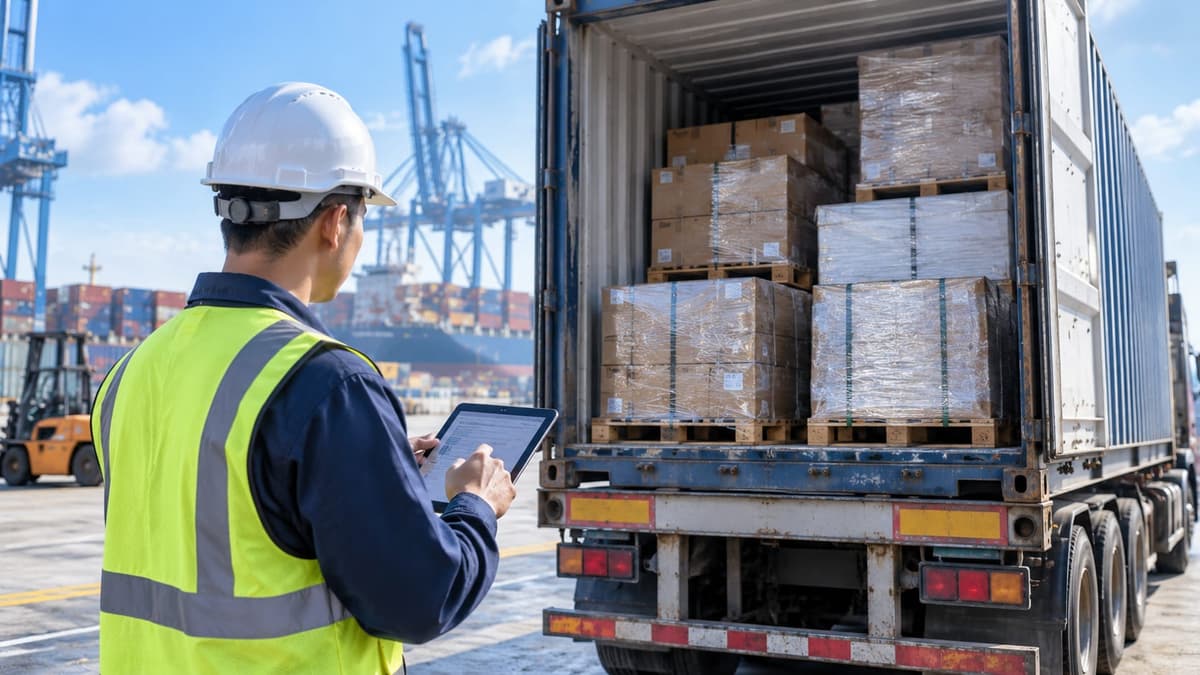 An operations staff member checking shipment details on a tablet beside a trailer loaded with pallets