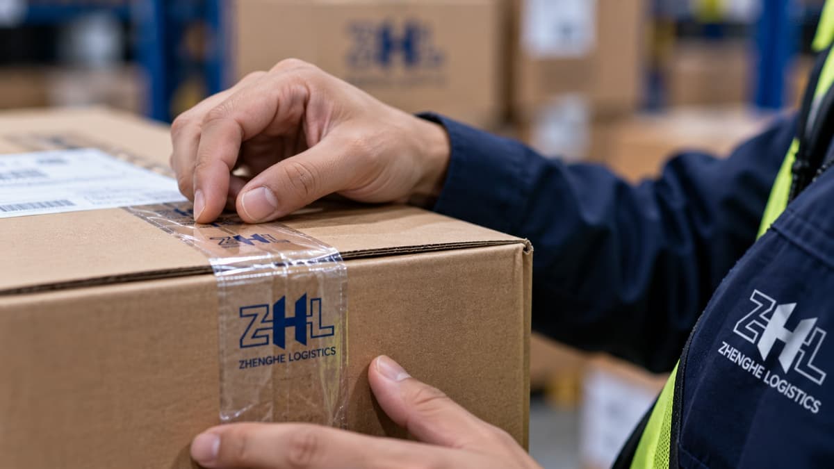 A Zhenghe Logistics worker sealing a carton with branded tape
