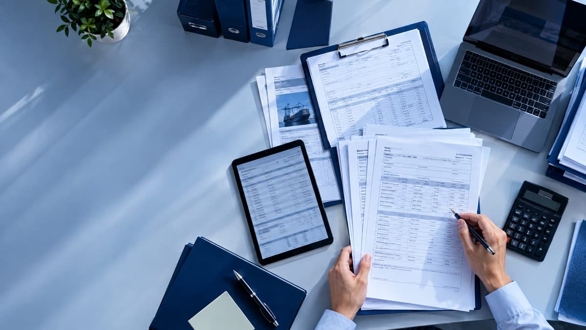 Overhead view of a commercial invoice, packing list and bill of lading spread across a desk beside a tablet, laptop and calculator