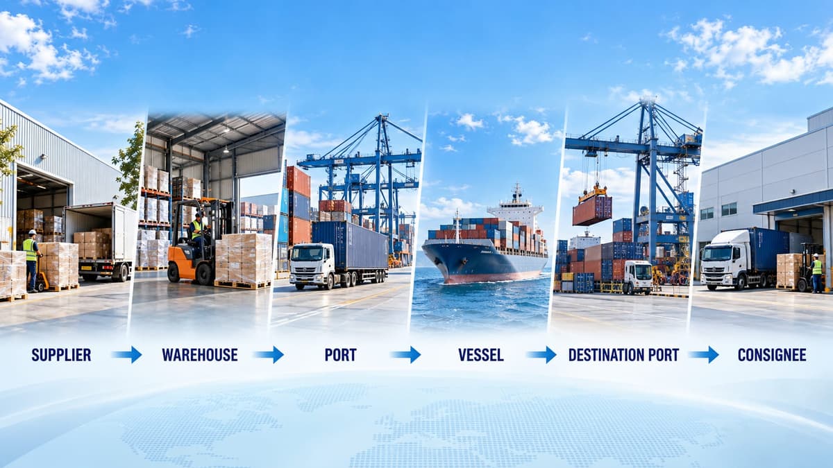 Diagram of a door-to-door sea freight journey from supplier to warehouse, port, vessel, destination port and consignee