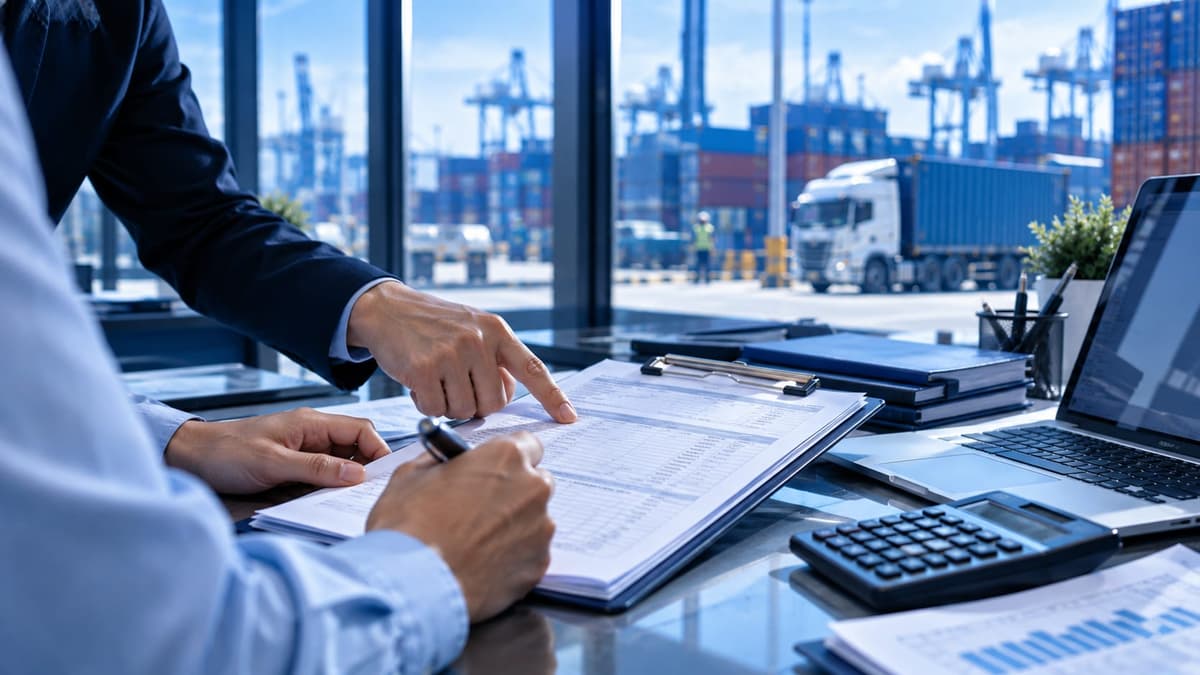 Two freight staff reviewing a customs document on a clipboard at a desk overlooking a container yard