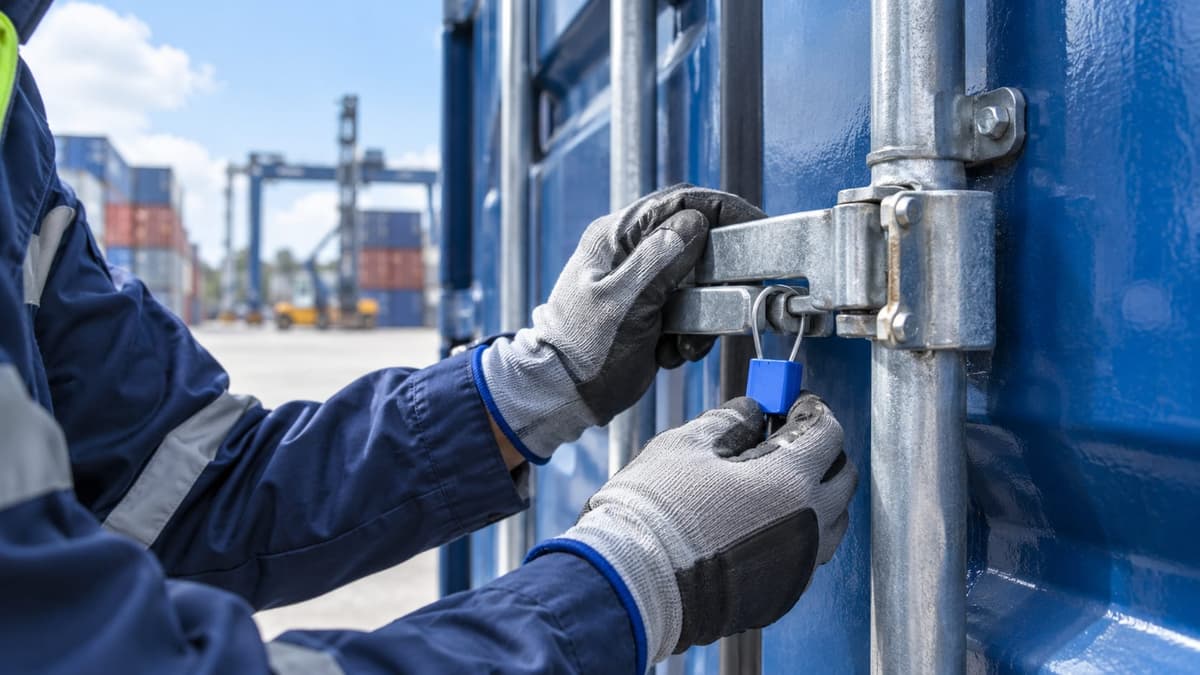 A gloved worker fastening a padlock seal on the locking bar of a blue shipping container