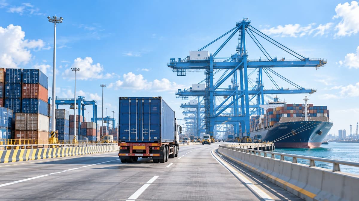 A container truck driving along a port road towards gantry cranes and a berthed container vessel