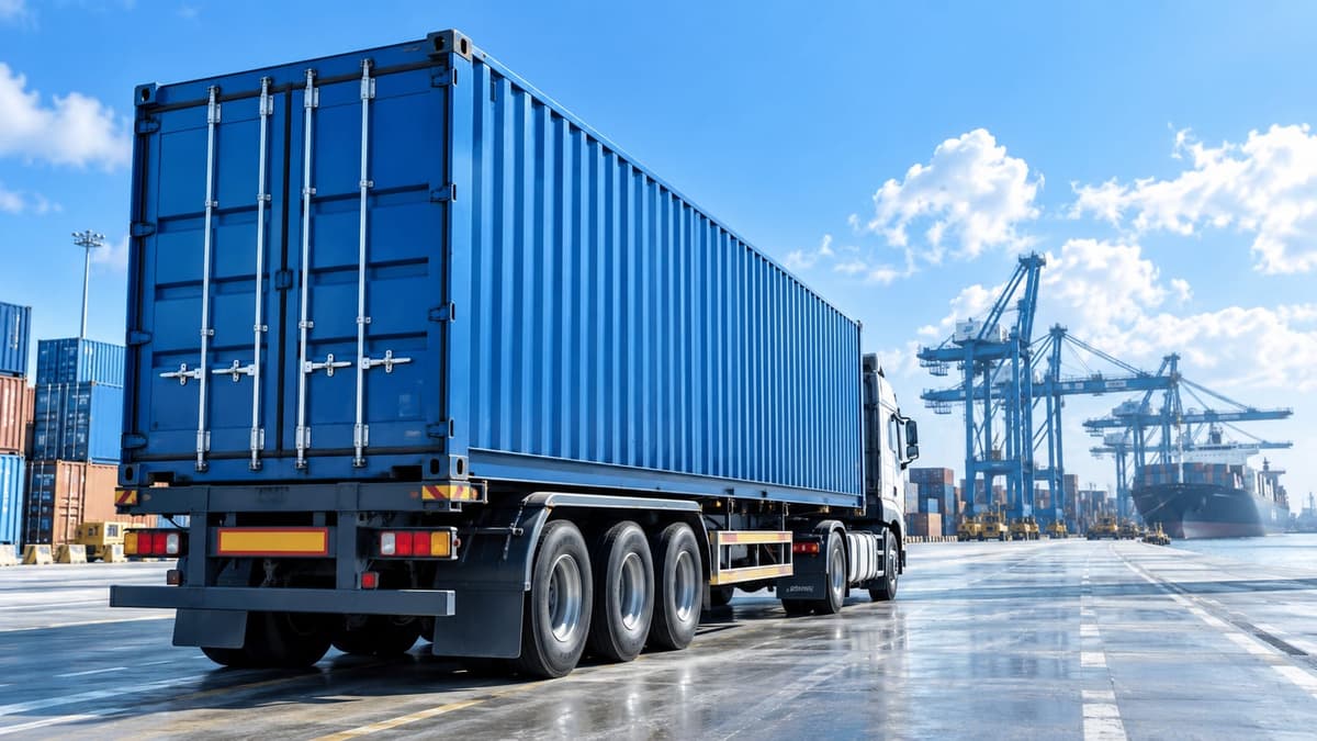 A prime mover hauling a blue 40-foot shipping container across a port terminal with gantry cranes behind